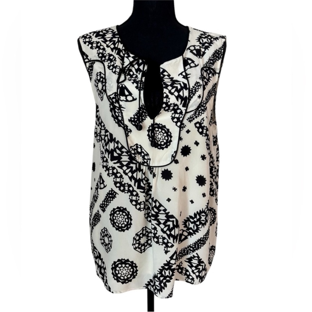 Anthropologie Silk Ivory Black Print Tie Neck Chic Sleeveless Tank Top Size 12